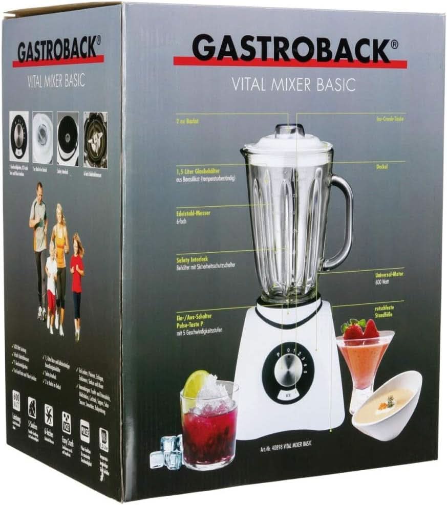 Gastroback 40898 Vital Basic, Mit Integrierter Ice-Crush Funktion, Leistungsstarker 600 Watt Motor Mixer, Kunststoff, 1,5 liter, Weiß Kitchen Naty Shop