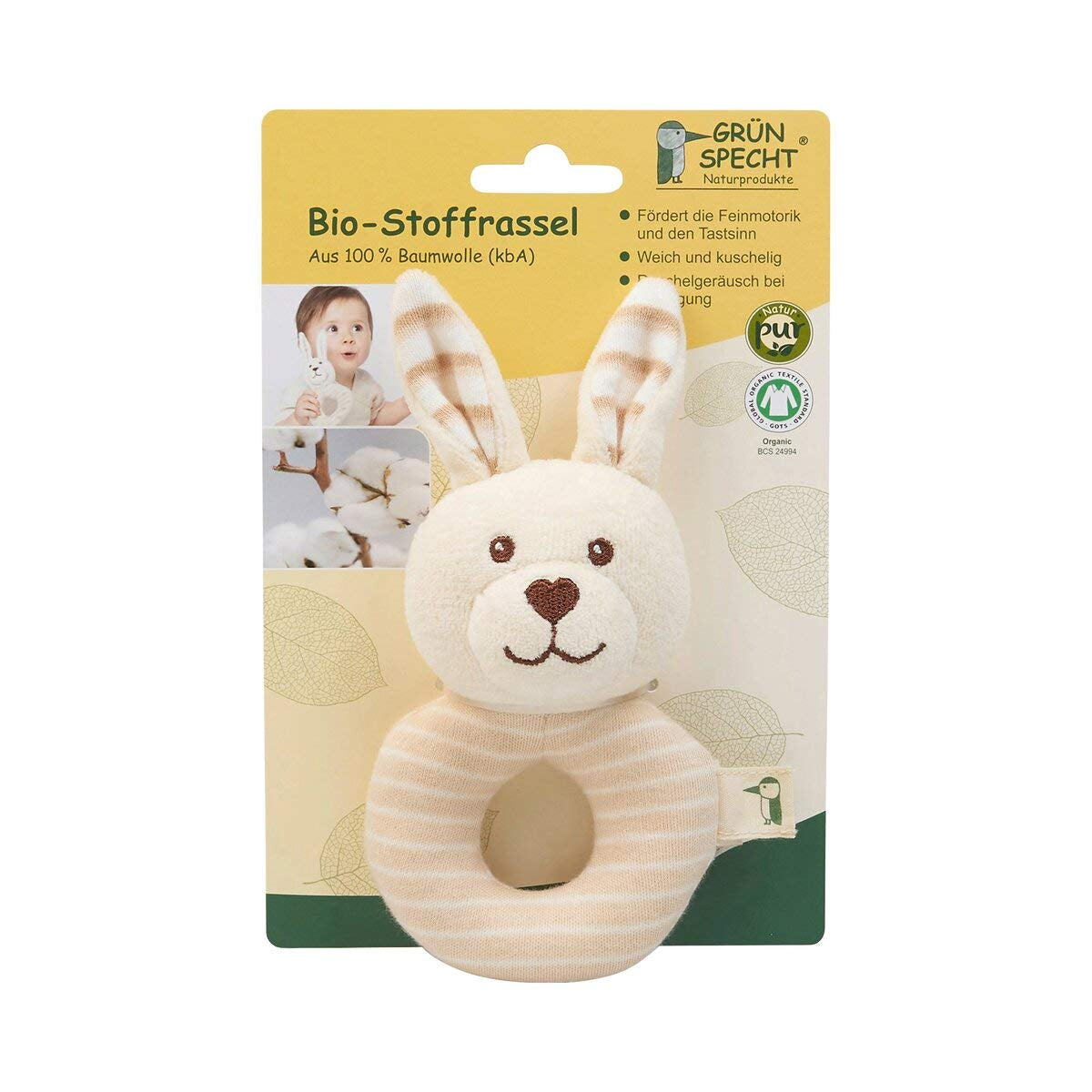 GRÜNSPECHT ekologiskt tyg 100% ekologisk bomull, babyleksak, mjuk kram, födelsedagspresent, dop, babyshower, GOTS, beige (619-00) Bebe Toys Naty Shop