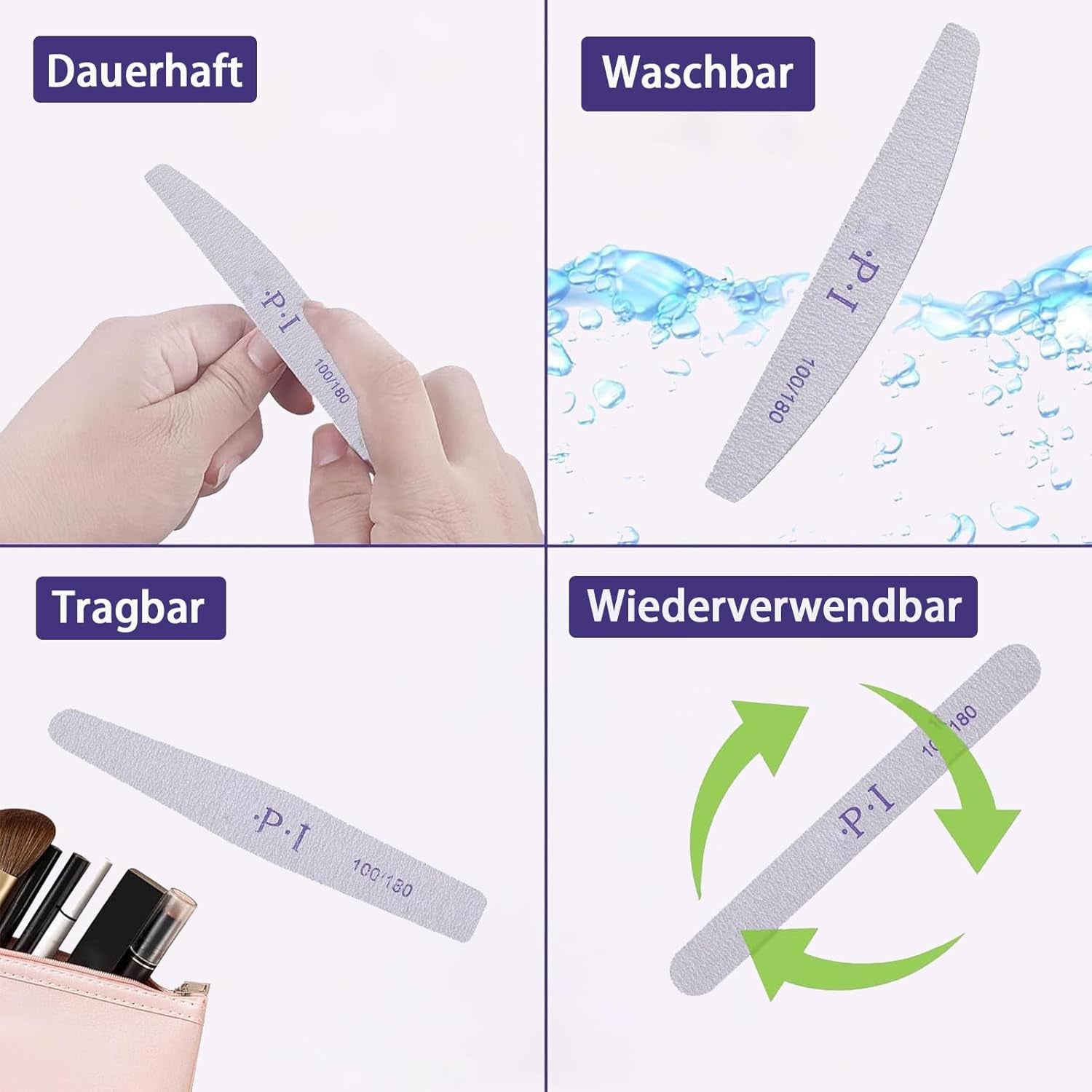 3 st nagelfilsset, nagelfilar för gelnaglar, slitstarka och tvättbara gelnageltillbehör, professionell nagelfil 100/180 med 3 former, vit