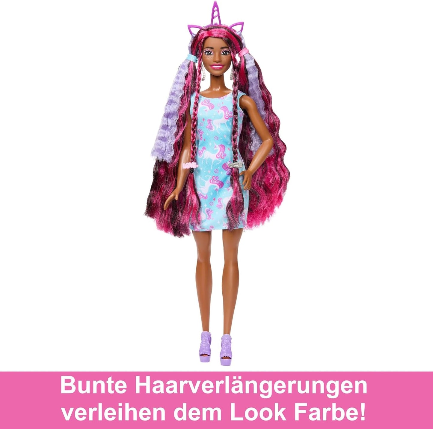 Barbie Doll Roligt Snyggt hår med extra långt färgglatt svart hår och gnistrande rosa klänning 10 frisyrer och modeaccessoarer JDC86