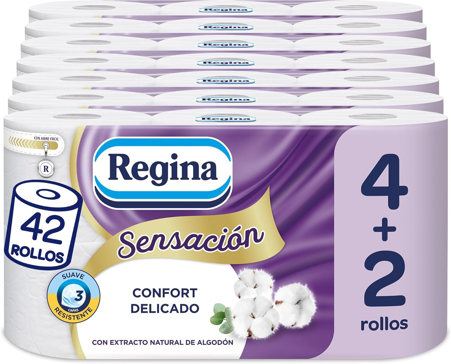 Regina Feeling - 42 rullar toalettpapper, 175 ark med tre lager, naturligt bomullsextrakt och delikat doft, 60 % återvunnen plastförpackning, 100 % Fsc-certifierat papper