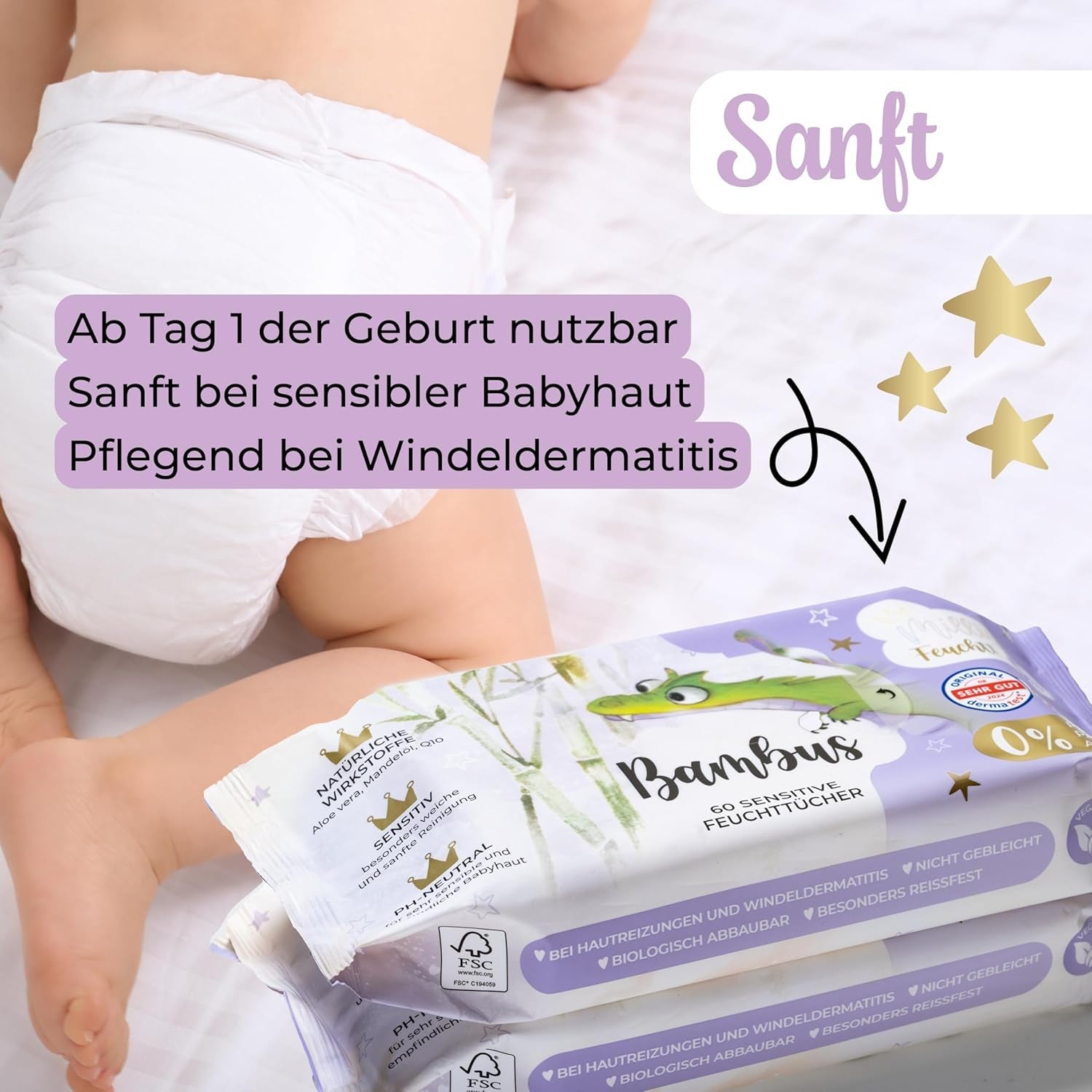 Millis Bamboo Baby Sensitive våtservetter för ömtålig babyhud - 5 x 60 stycken - Naturlig, skonsam och hållbar rengöring - Biologiskt nedbrytbara babyservetter, plastfria och alkoholfria