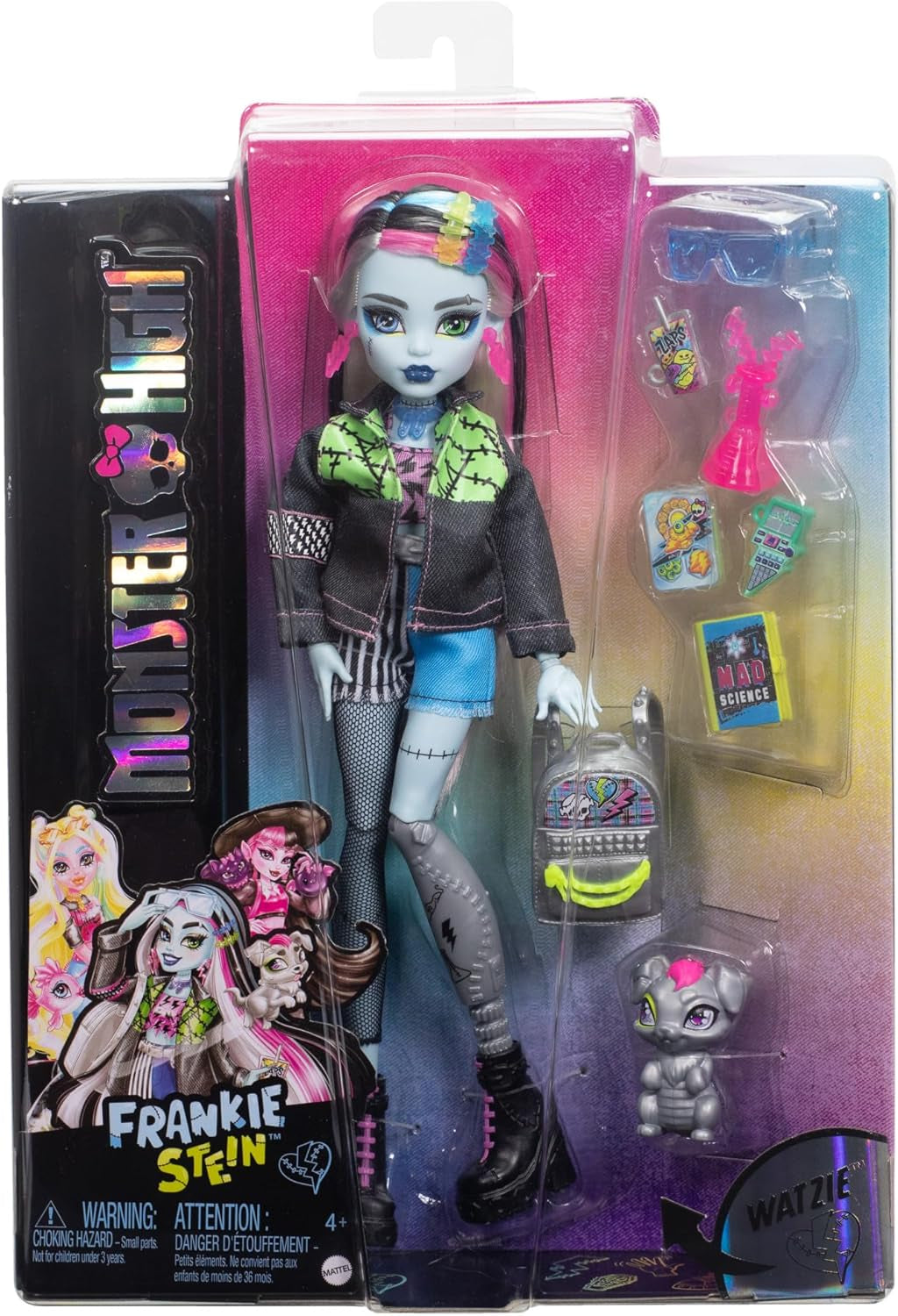 Monster High Frankie Stone Doll i jeansjacka och shorts, inkluderar Dog Watzie och tillbehör som ryggsäck, mellanmål och anteckningsbok, HXH73 Naty Shop Dolls