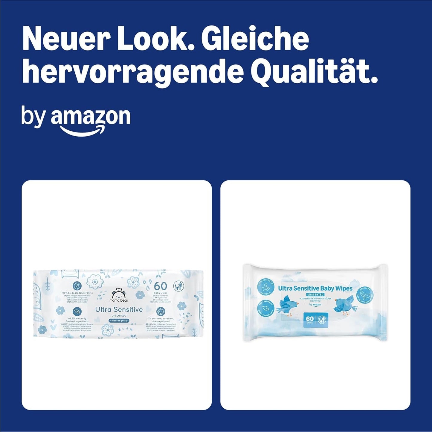 Amazon Ultra Sensitive Baby Wipes, 1080 Wipes, Oparfymerade, 18 paket med 60 Wipes (tidigare Amazon Brand, identisk produkt)