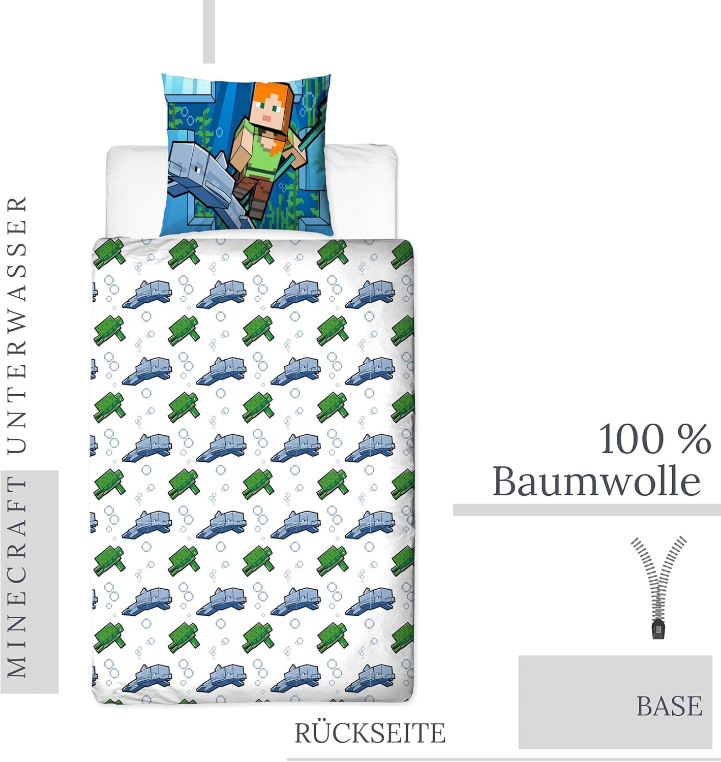 Minecraft Sängkläder Kinderbettwäsche Jugendbettwäsche 135X200 · Unterwasserwelt · Wende Motiv · Kissenbezug 80X80 + Bettbezug 135X200 Cm · 100 % Baumwolle · Deutsche Größe Naty Shop
