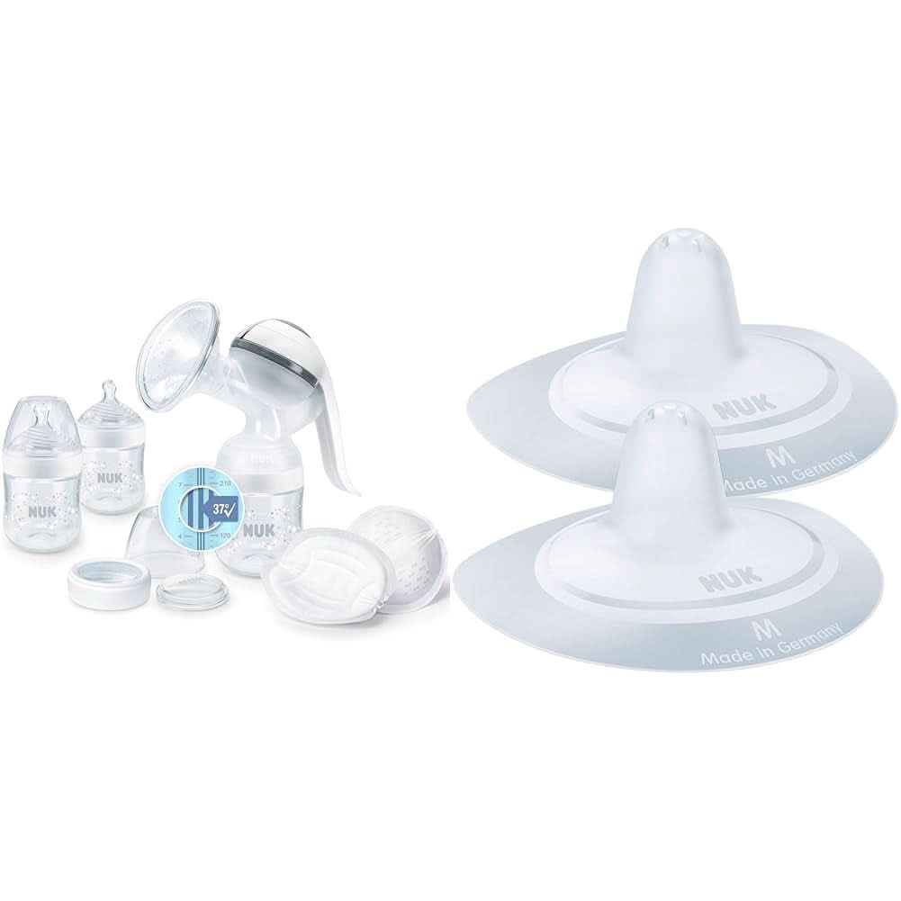 NUK Nature Sense manuell bröstpump | Amningsset med manuell bröstpump, flaskor och amningsskydd Ultra Dry Comfort | 6 st Mat- och amningstillbehör Bebe Naty Shop-paket med bröstvårtorskydd Med temperaturkontroll