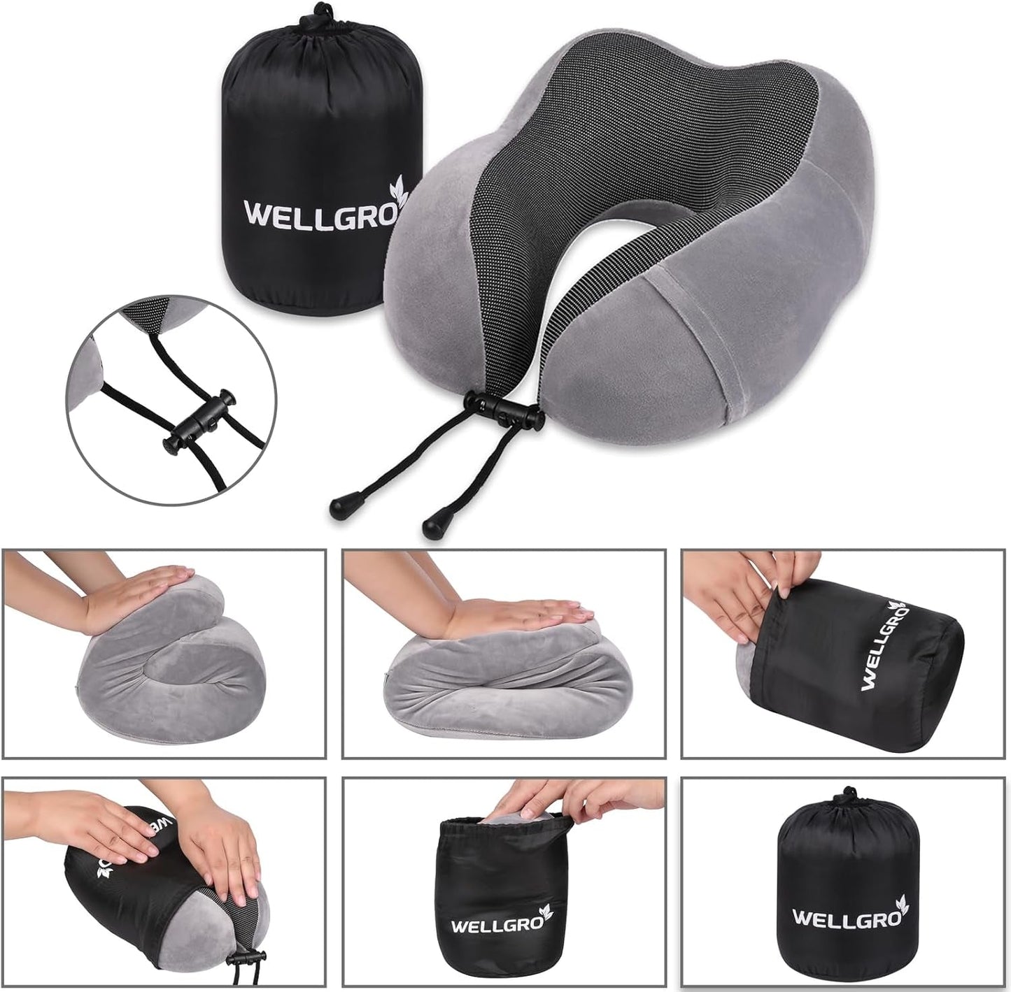 WELLGRO nackkuddsset med 3D-sömnmask och öronproppar - Avtagbart skydd - Memory Foam - Dragkedja - Inklusive förvaringsväska - Resekudde - Valbar färg, Färg: Grå Cervikala ortopediska kuddar Naty Shop