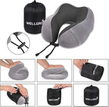 WELLGRO nackkuddsset med 3D-sömnmask och öronproppar - Avtagbart skydd - Memory Foam - Dragkedja - Inklusive förvaringsväska - Resekudde - Valbar färg, Färg: Grå Cervikala ortopediska kuddar Naty Shop