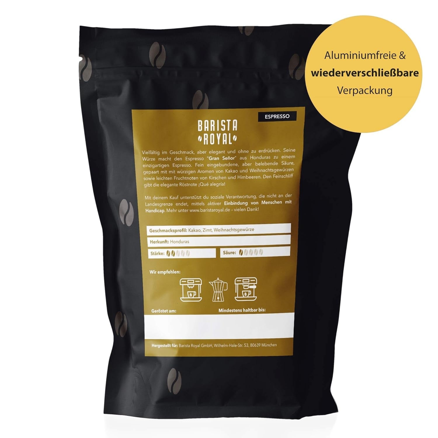 BARISTA ROYAL Bio Espressobohnen 1 kg "Gran Señor" | Färska Kaffeebohnen direkt från Honduras | 100 % Arabica Espresso ganze Bohnen | Idealisk för helautomatisk och Siebträger