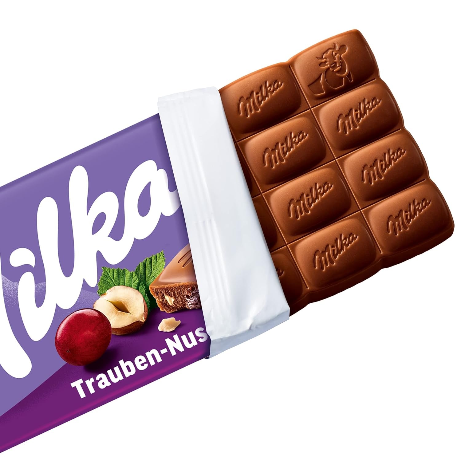 Milka druvor och hasselnötter – alpin mjölkchoklad med bitar av hasselnötter och russin – 90g