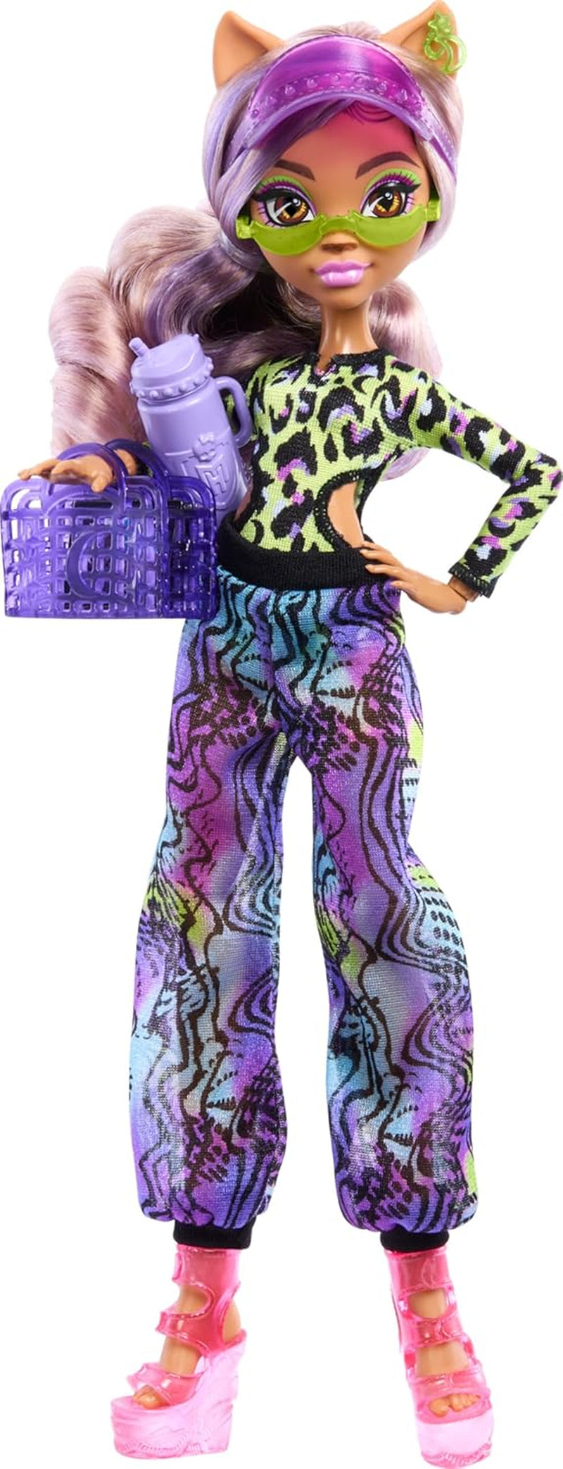 Monster High Scare Adise Island Clawdeen Wolf docka med baddräkt, joggingbyxor och strandtillbehör som visir, vattenflaska och bok