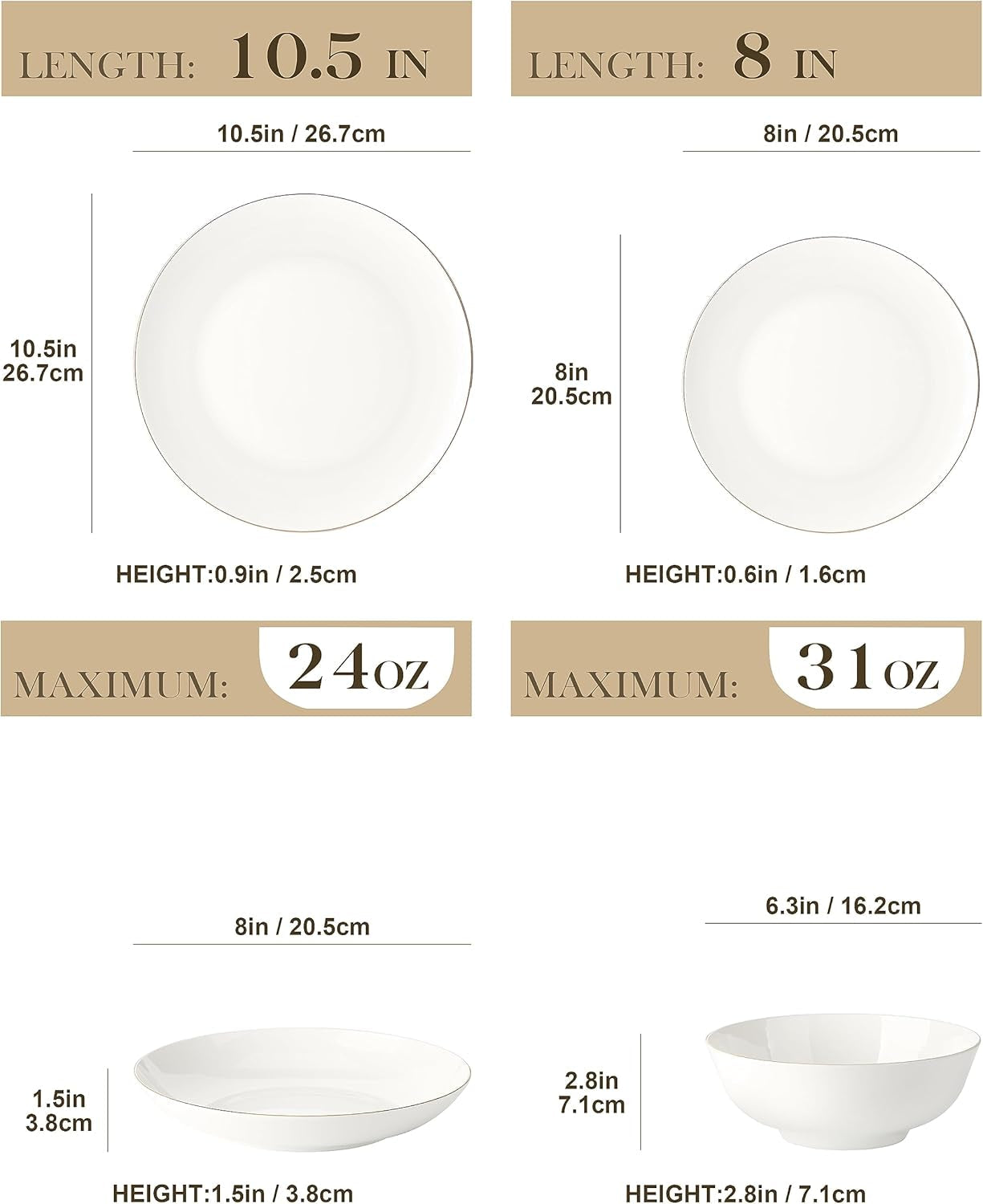 MALACASA 4-personers servisset Bone China 16-delat servisset runt vitt med guldkant Kombinationsset med 4 middagstallrikar 4 desserttallrikar 4 sumatallrikar och 4 spannmålsskålar NORI-serien