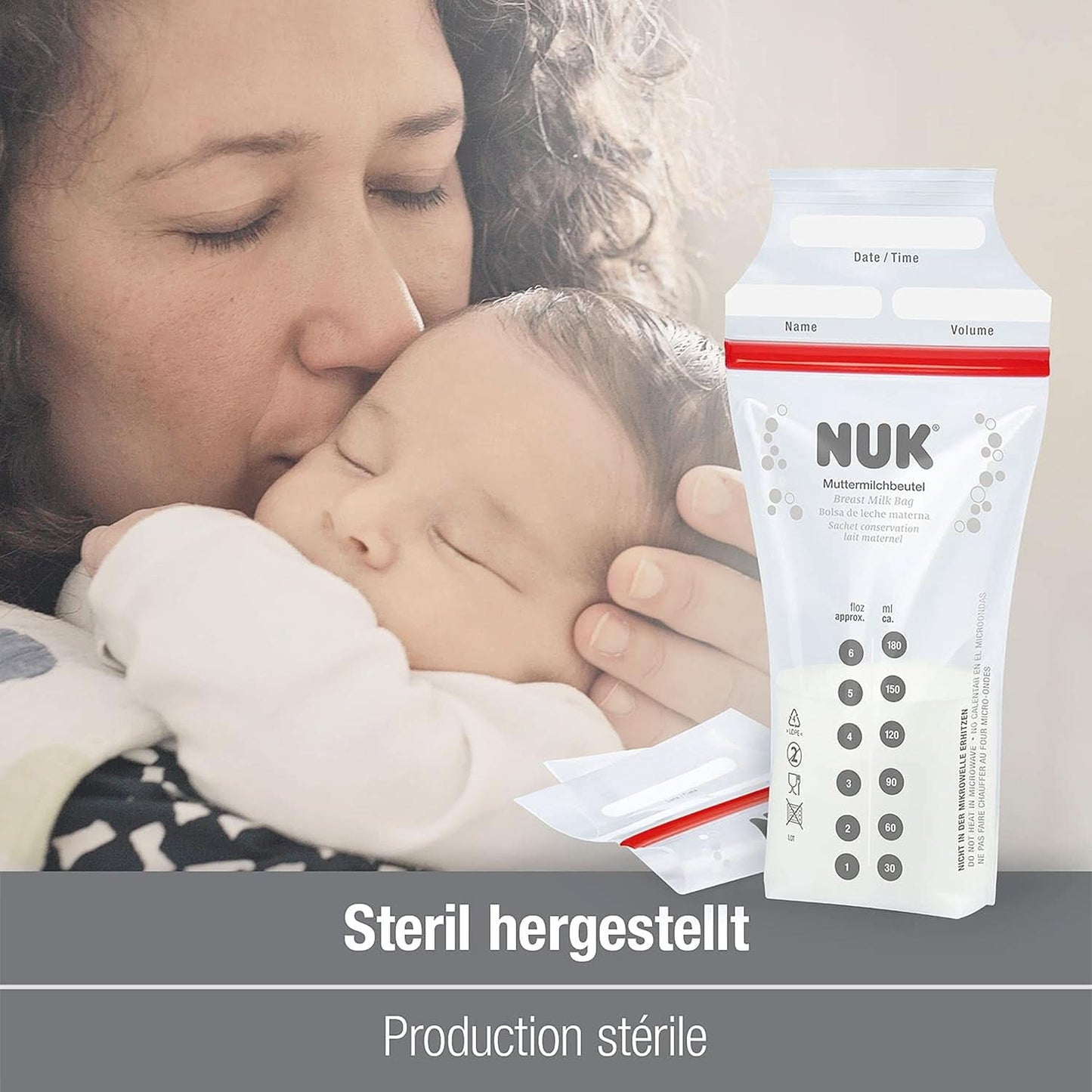 NUK bröstmjölkspåsar, som sparar utrymme och kan användas direkt, 180 ml, 25 st, genomskinliga Tillbehör Mat och Amning Bebe Naty Shop