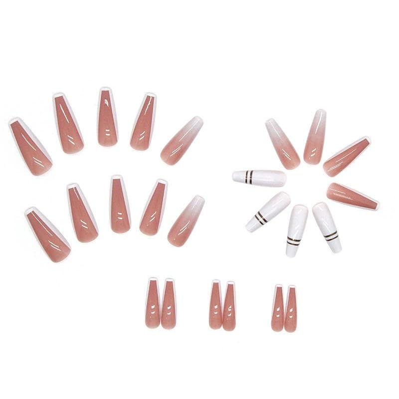 24 st French Press On Long Nails Kista Vita konstgjorda naglar Ombre Pink Naken Adhesive Nails Akryl Nagelset Nageltips För Kvinnor Vår Sommar Nageltillbehör