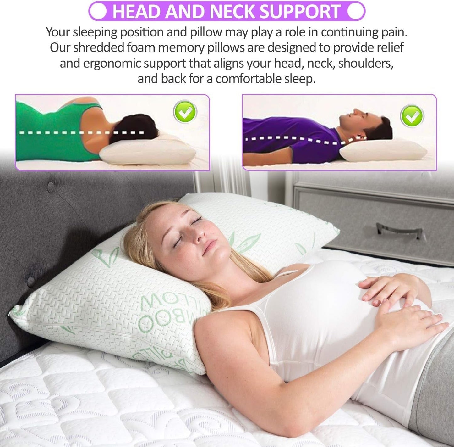 King Size 2-pack bambukudde - Strimlad Memory Foam Justerbar sovbäddskudde - Rygg, mage, sidosöm, avtagbart överdrag, Cooling Hotel Down Alternative, King (2-pack) Naty Shop Standardkuddar