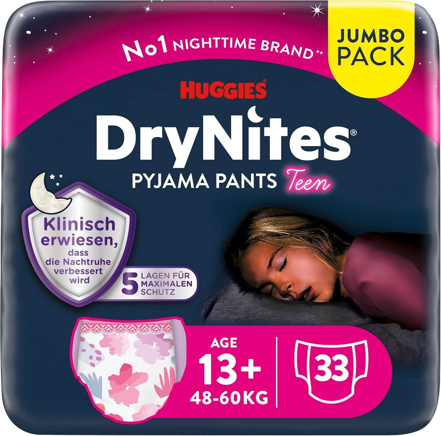 Huggies Drynites Nachtwindeln Bei Bettnässen, Für Mädchen Ab 13 Bis Ca. 17 Jahre (48-60 KG), 33 Stück (3X11), Jumbo-Monatspack, blöjbyxor XL Tillbehör Mat och amning Baby Naty Shop