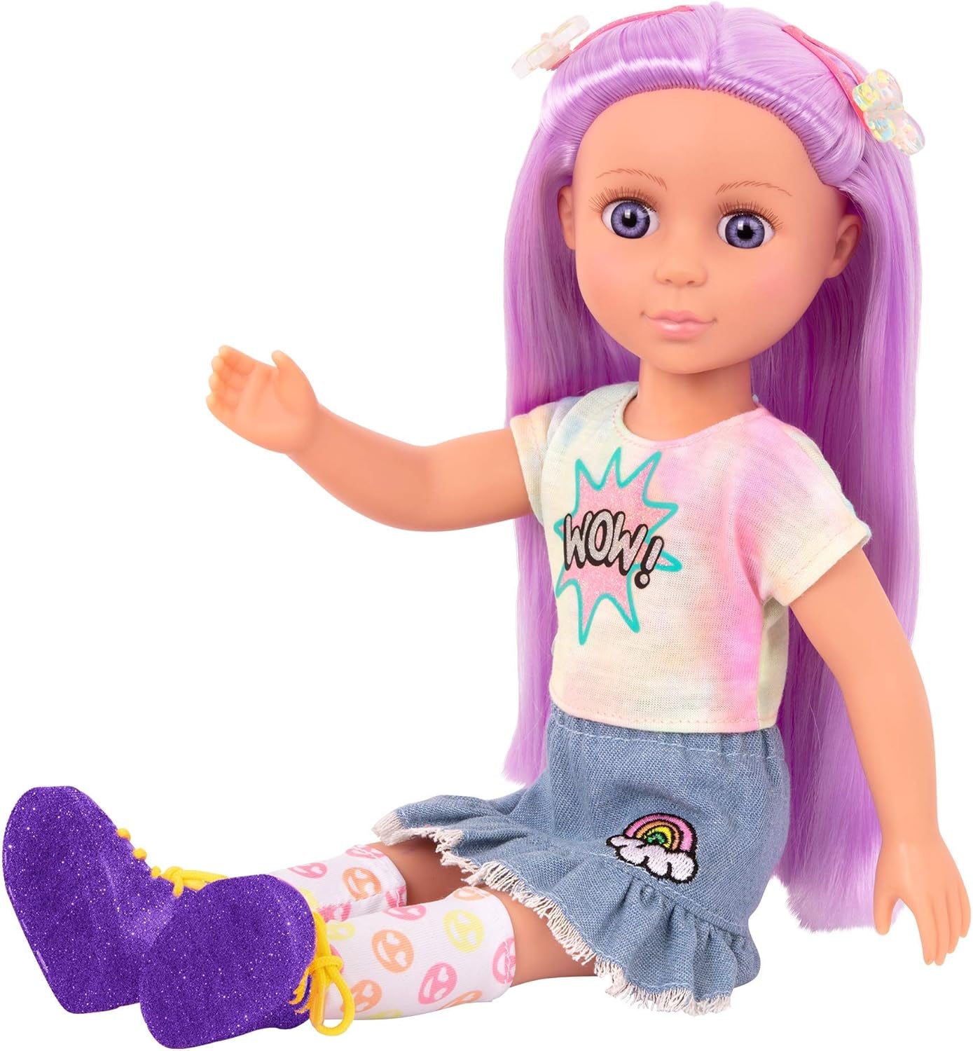 Glitter Girls - Luma - 36 cm ledad docka - Unikt lila hår och lila ögon - Hårförlängningar, rosett, clips och färgglad outfit - 3 år +
