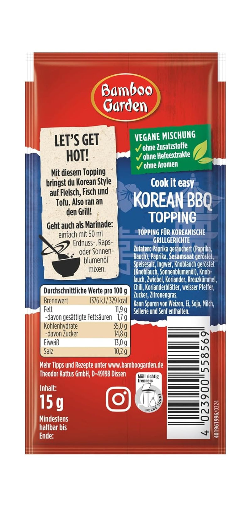 Bamboo Garden - Koreansk BBQ Topping | Gewürztopping zum Verfeinern von Koreanischen Grillgerichten | Veganska, naturliga ingredienser | 15 g i påse