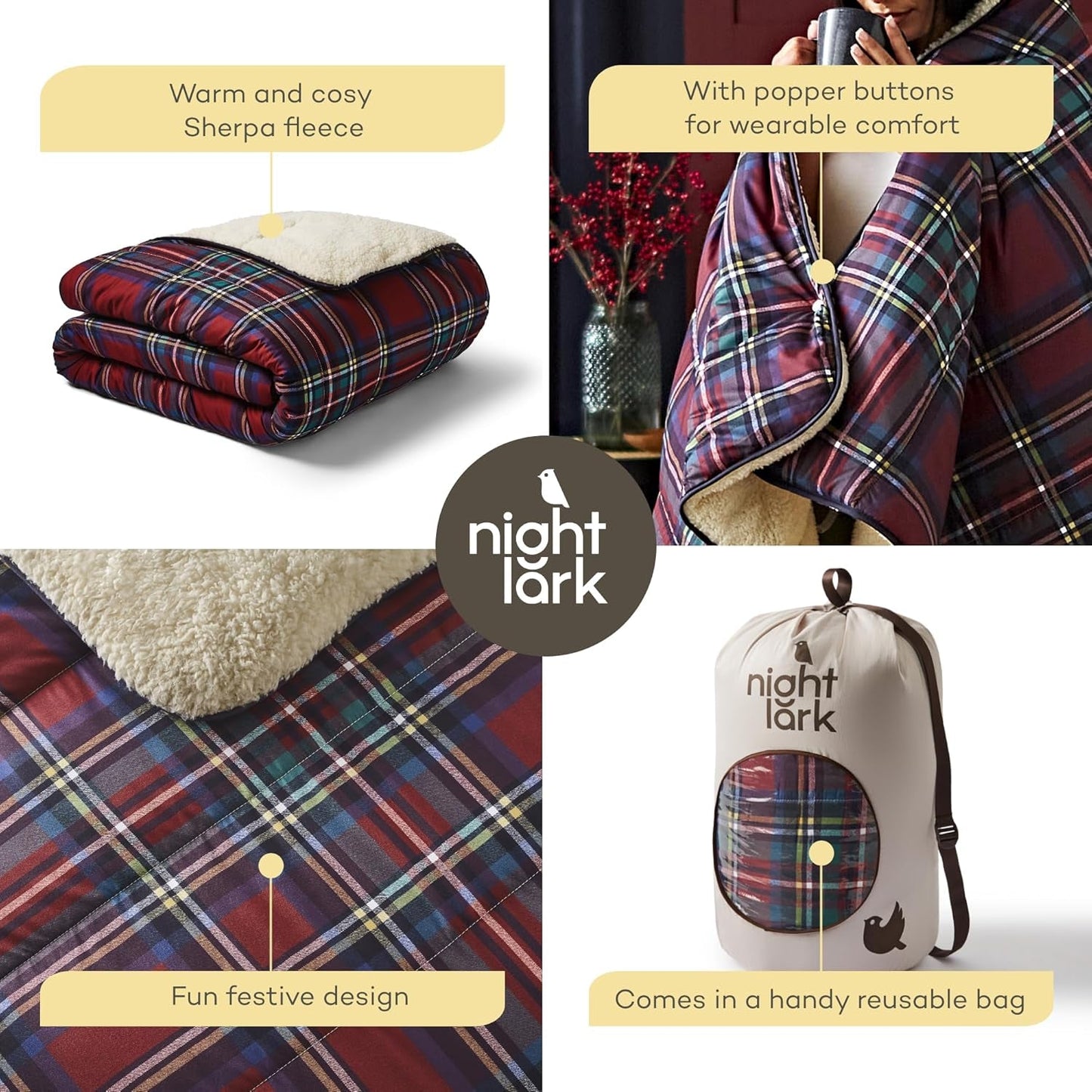 Night Lark Cozy Sherpa Fleecefilt, Klassisk Röd Tartan, 9 Tog, Lyxig, Fluffig, Tjock Och Vändbar, Perfekt För Soffa, Säng, Soffa, Soffa. Allergivänlig, maskintvättbar, Storlek: Night Lark Sängar och täcken