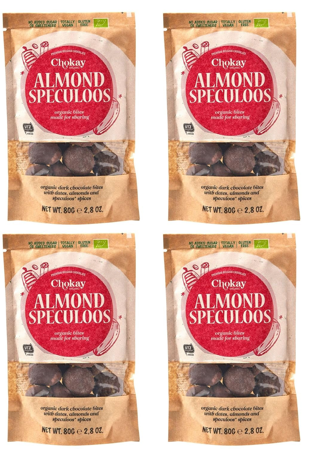 Set med 4 ekologiska bites - kanelmandlar/kanelmandlar i belgisk mörk choklad/utan tillsatt socker, inga sötningsmedel/VEGAN & FAIR TRADE / 4 x 85g