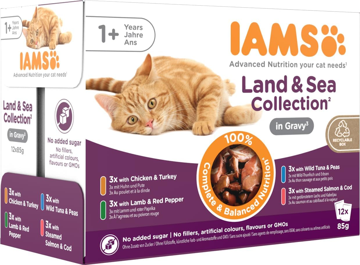 IAMS Delights Land & Sea Collection Wet Cat Food - Kött- och fisksortiment Multipack i sås, våtfoder för katter 1 år och äldre, 12 x 85g