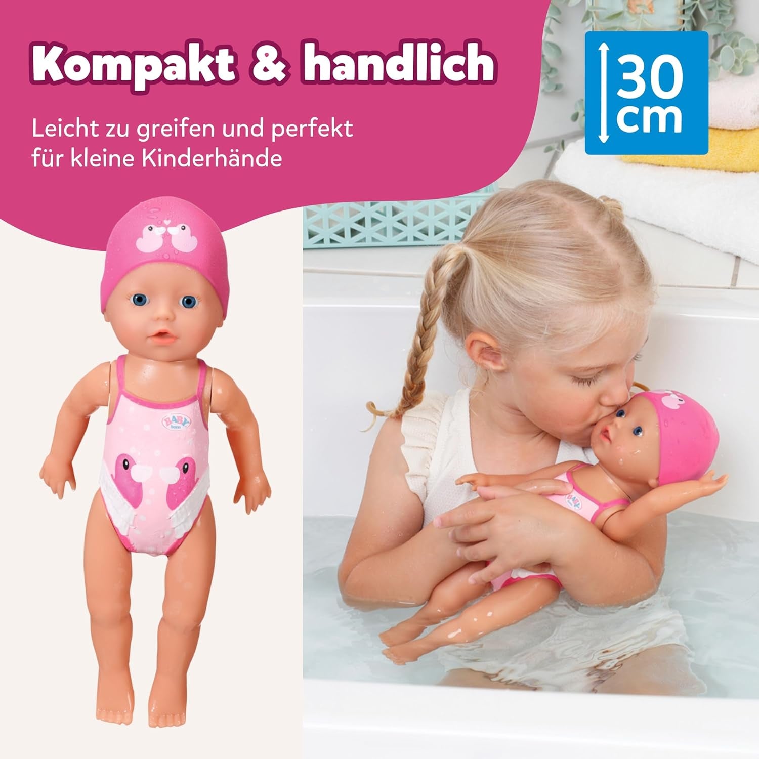 BABY Born My First Swimmer Girl - 30 cm docka - Baddocka med vridmekanism, vattentät - Fungerar utan batterier - Lämplig för barn från 1 år och uppåt