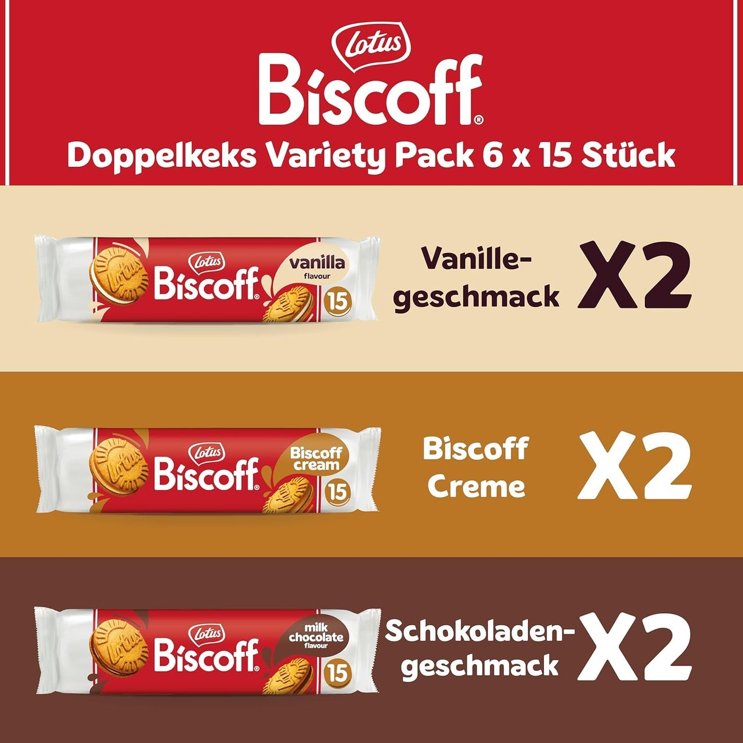 Lotus Biscoff | Dubbel kex Variety Pack | 3 sorter | 2 paket per sort | 15 dubbla kex per förpackning | Ingredienser av naturligt ursprung | Inga färgämnen | 6 x 150g | 900 g