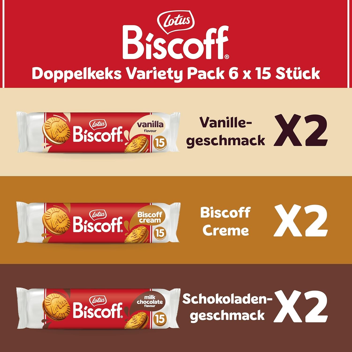 Lotus Biscoff | Dubbel kex Variety Pack | 3 sorter | 2 paket per sort | 15 dubbla kex per förpackning | Ingredienser av naturligt ursprung | Inga färgämnen | 6 x 150g | 900 g