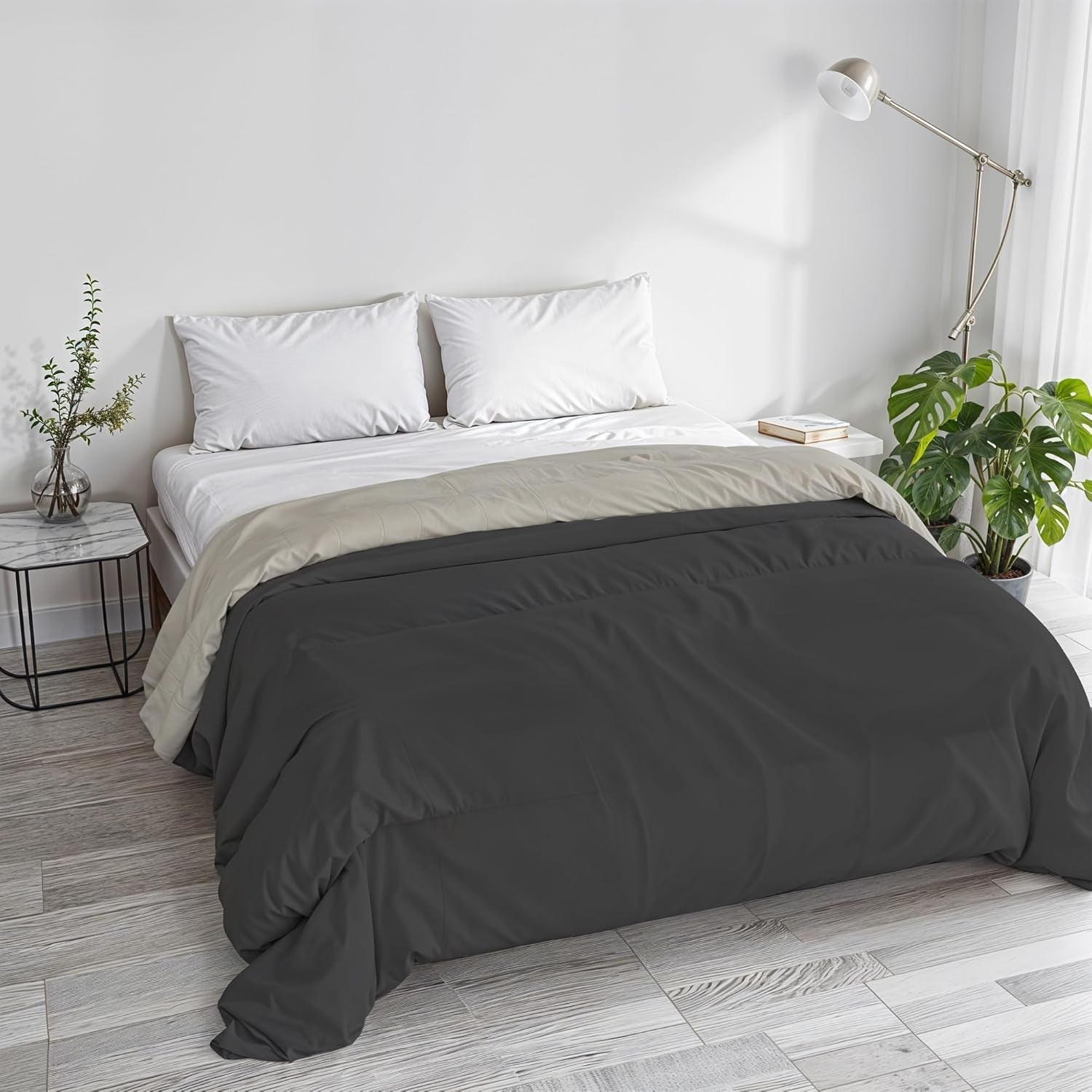 Basic vintertäcke, enfärgat och fodrat, mörkgrönt/kräm, 200X245Cm Täcken och täcken Naty Shop Mörkgrå/ljusgrå 250X245Cm