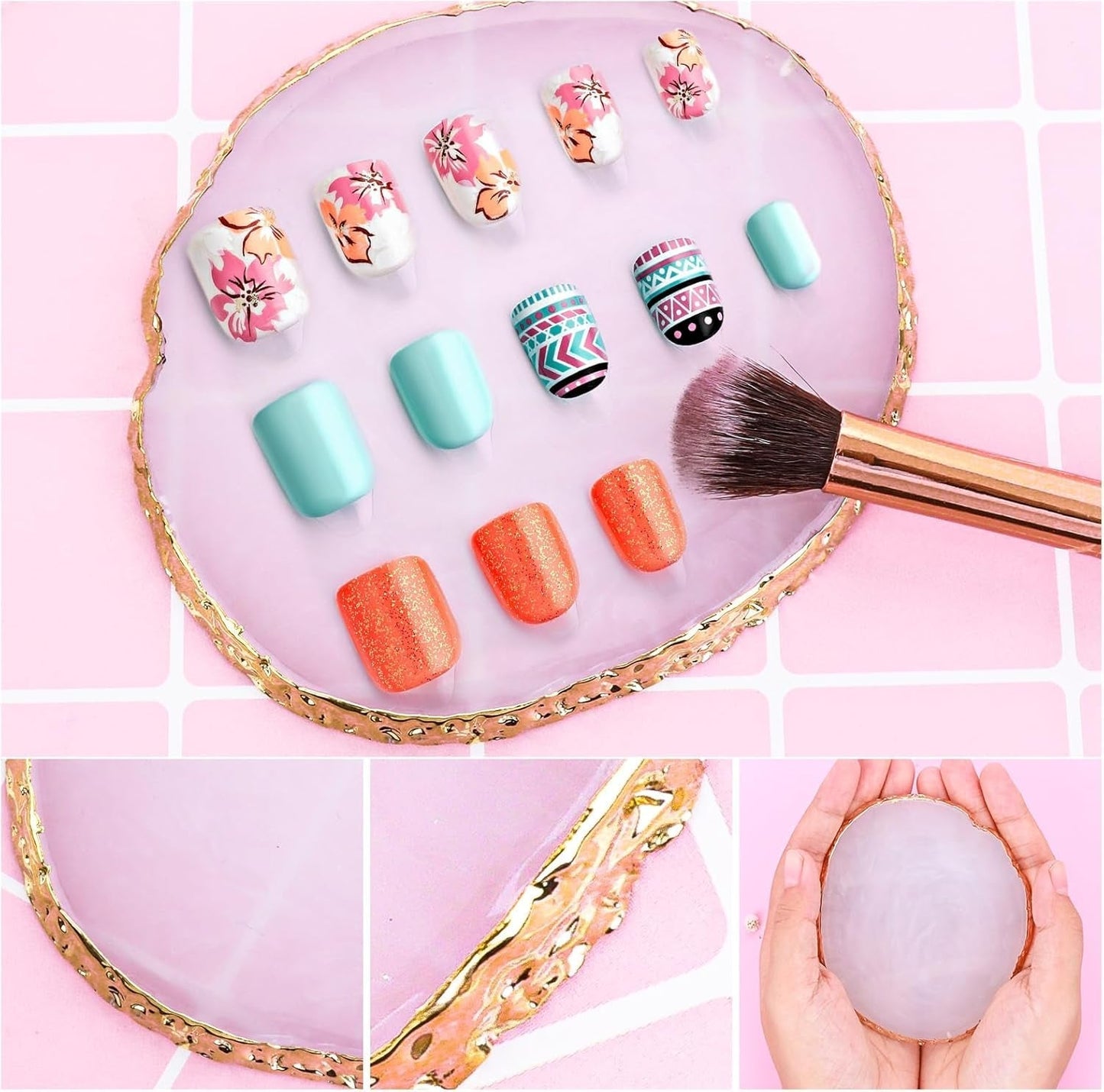Harz Nail Art Palette,Maniküre Gemalt Palette,Goldener Rand Nagelleck Palette,Nagelkonst Make up Palett Display Fach Nagel DIY Zubehör(Weiß)