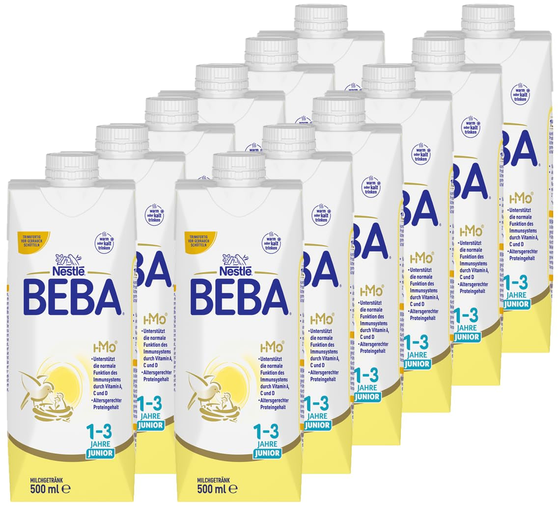 BEBA Junior Drickfärdig mjölkdryck 1-3 år, med HMO, åldersanpassat proteininnehåll, palmoljefri, fiskoljefri, småbarnsmat, 12-pack (12 x 500 ml)