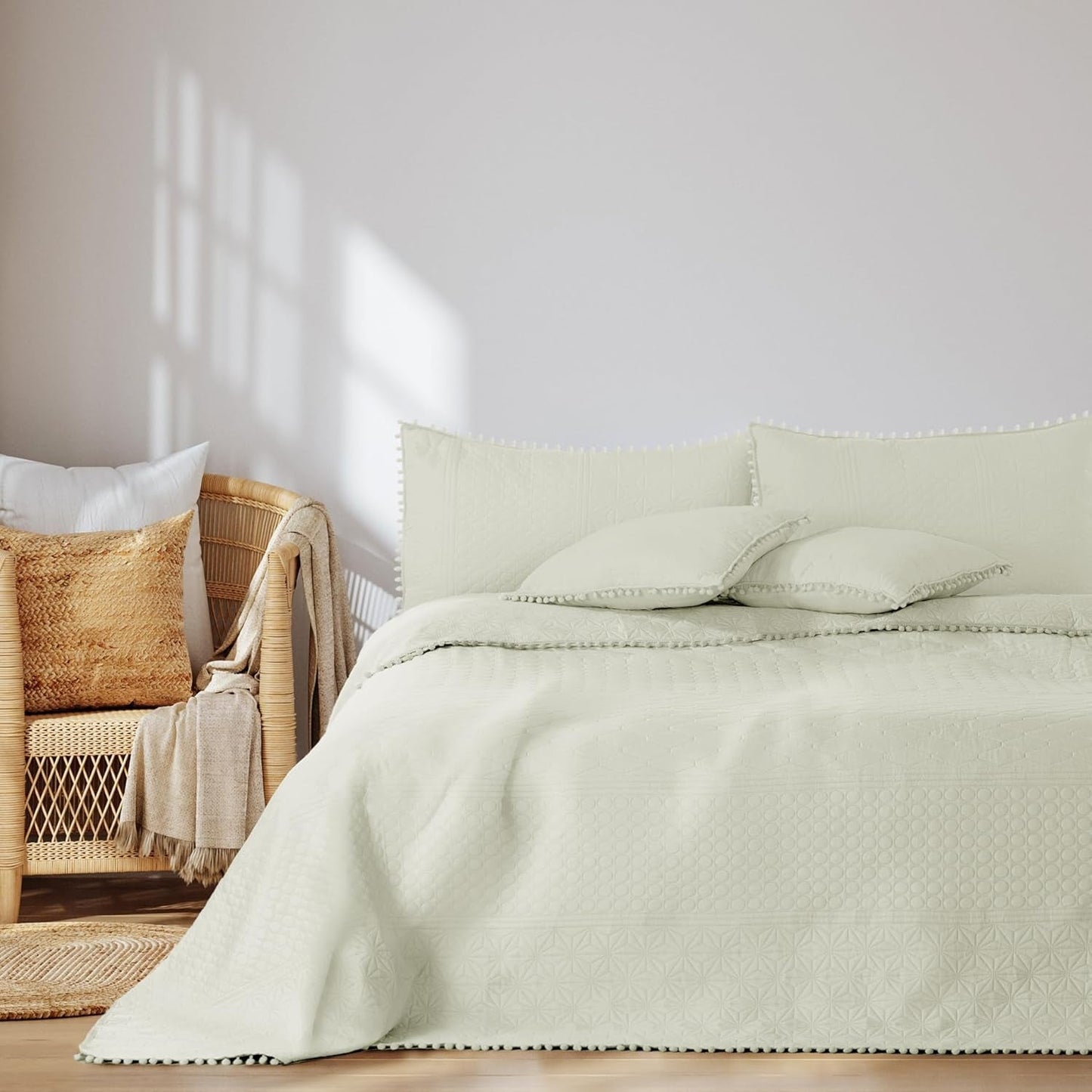 Ameliahome Överkast med pompoms 220X240 Cm Dubbelsidigt överkast Ultrasonic Quilting Polyester Meadore Grå Sängar och filtar Besuche den AmeliaHome-Store Cream Meadore 240X260 Cm