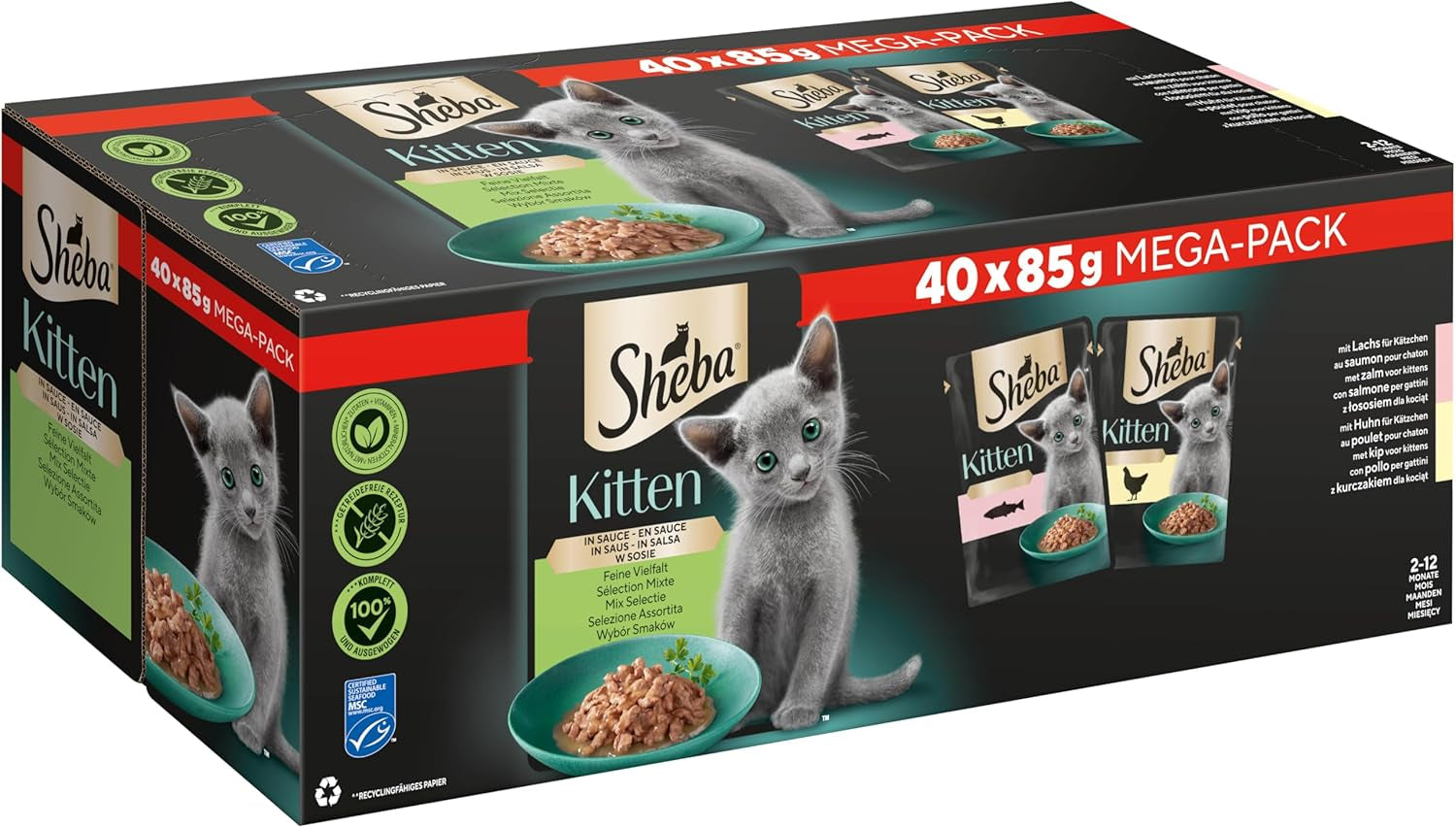 Sheba våtfoder för kattungar, i olika påsar, med lax (MSC) och kyckling i sås, multipack 40x85g
