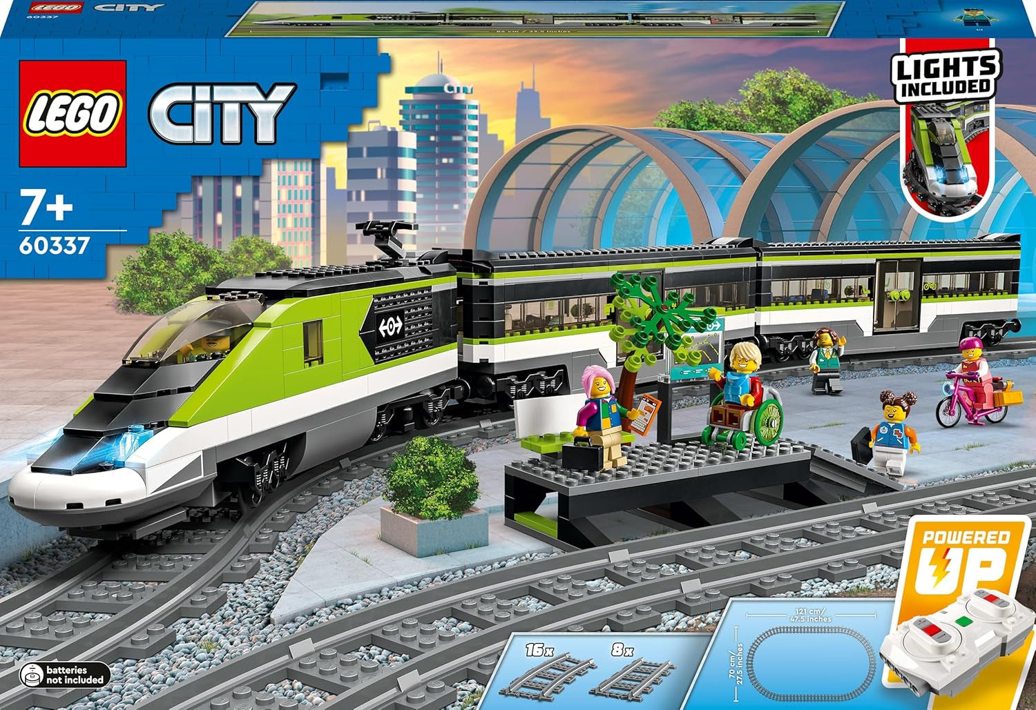 LEGO City Passenger Express Train, fjärrstyrt tågset, järnvägsleksak med strålkastare, 2 vagnar och 24 spårelement, present till barn, pojkar och flickor 60337 Byggset Besuche den LEGO-Store