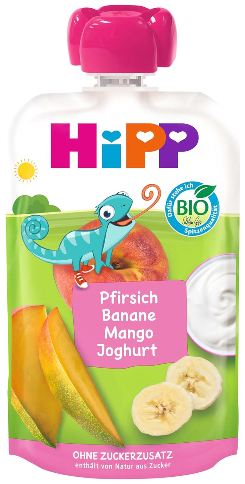 HiPP Peaches Bananas Mango med Yoghurt, komprimerbar påse från 1 år, 8 x 100g
