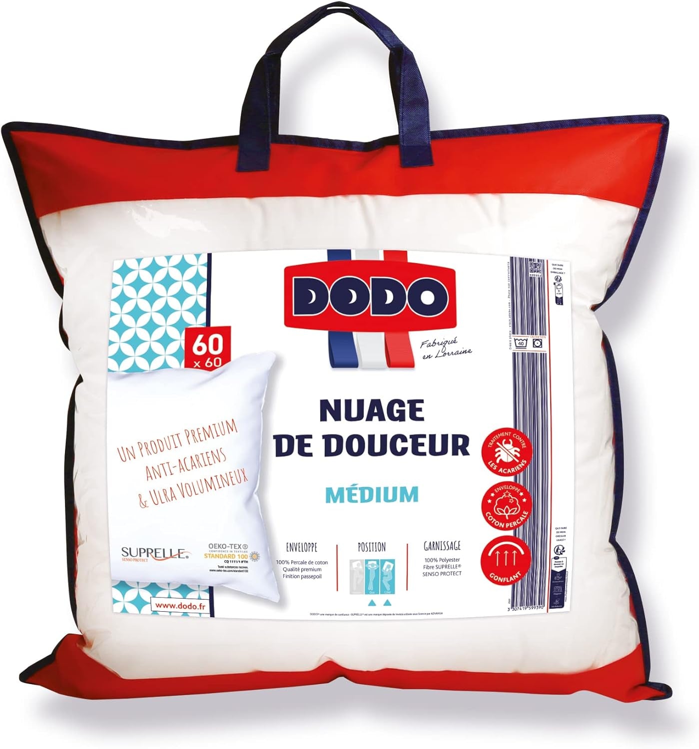 DODO Premium Kudde, 60 X 60 Cm, Medium Comfort, Cloud De Douceur Kudde | Kvalstersäker och fluffig | Percale Cotton + Piping Maskintvättbar i 40 °C Naty Shop standardkuddar