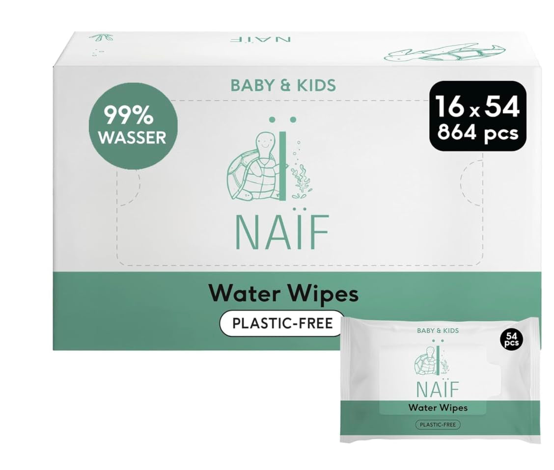 Naïf plastfria babyservetter 432 stycken (8-pack x 54 torkservetter) - Vård för barnets botten, kropp och ansikte - 99 % vatten - 0 % doft och alkohol - ask med hållbara våtservetter, känslig eukalyptus