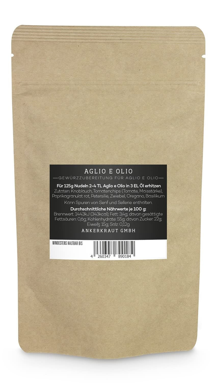 Ankerkraut Aglio e Olio, italiensk Gewürzmischung för pasta och klassiska spaghetti-nudlar, 120 g i en aromatisk påse