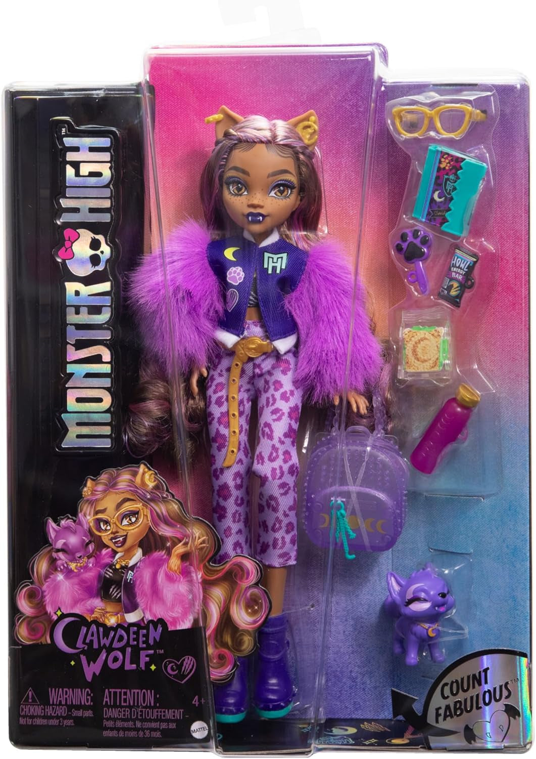 Monster High Clawdeen Wolf Doll med Puppy Crescent och tillbehör som skolväska, kalender, snacks och mer, HRP65