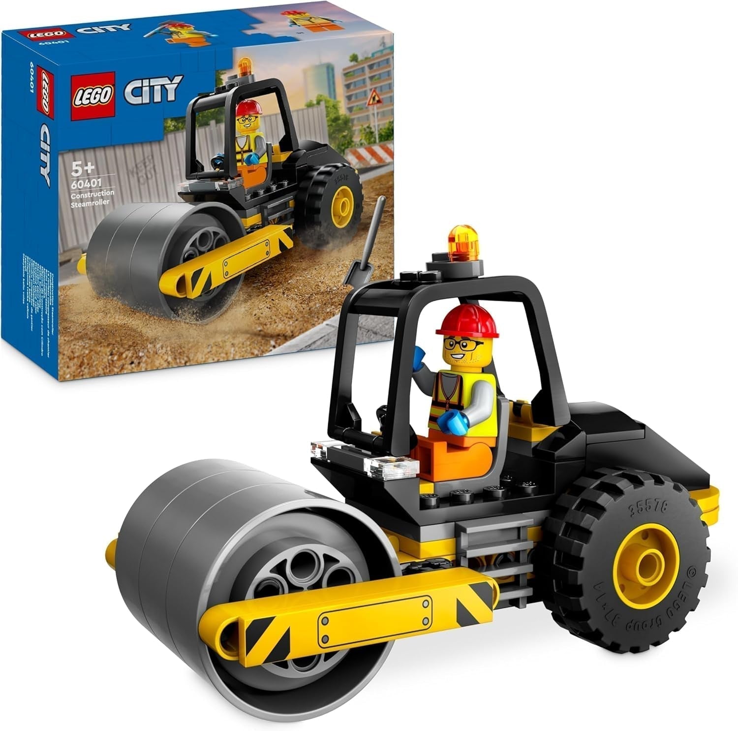 LEGO City Road Roller Construction Fordon för 5 år gamla barn Steam Roller Leksak med byggnadsarbetare Minifigur Fantasifull lekupplevelse för pojkar och flickor Liten rolig present 60401 Byggset Beuche den LEGO-Store Singel