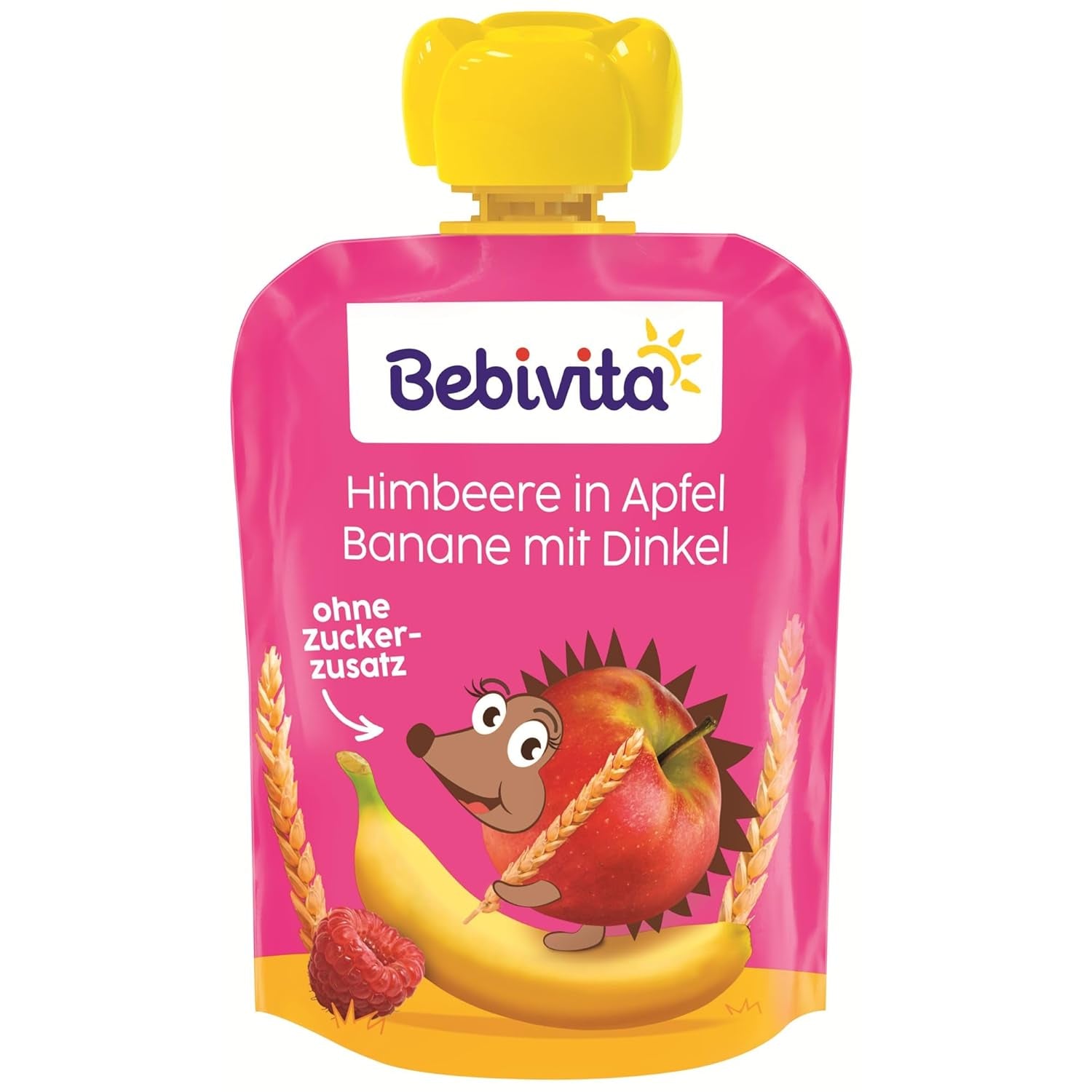 Frukt, hallon, äpple, banan och dinkel pressbara påsar - 16 stycken (förpackning om 4, 4 x 90 g vardera), utan tillsatt socker, gjord av mjuk frukt och nyttiga spannmål, idealisk för take-away snacks och egen konsumtion
