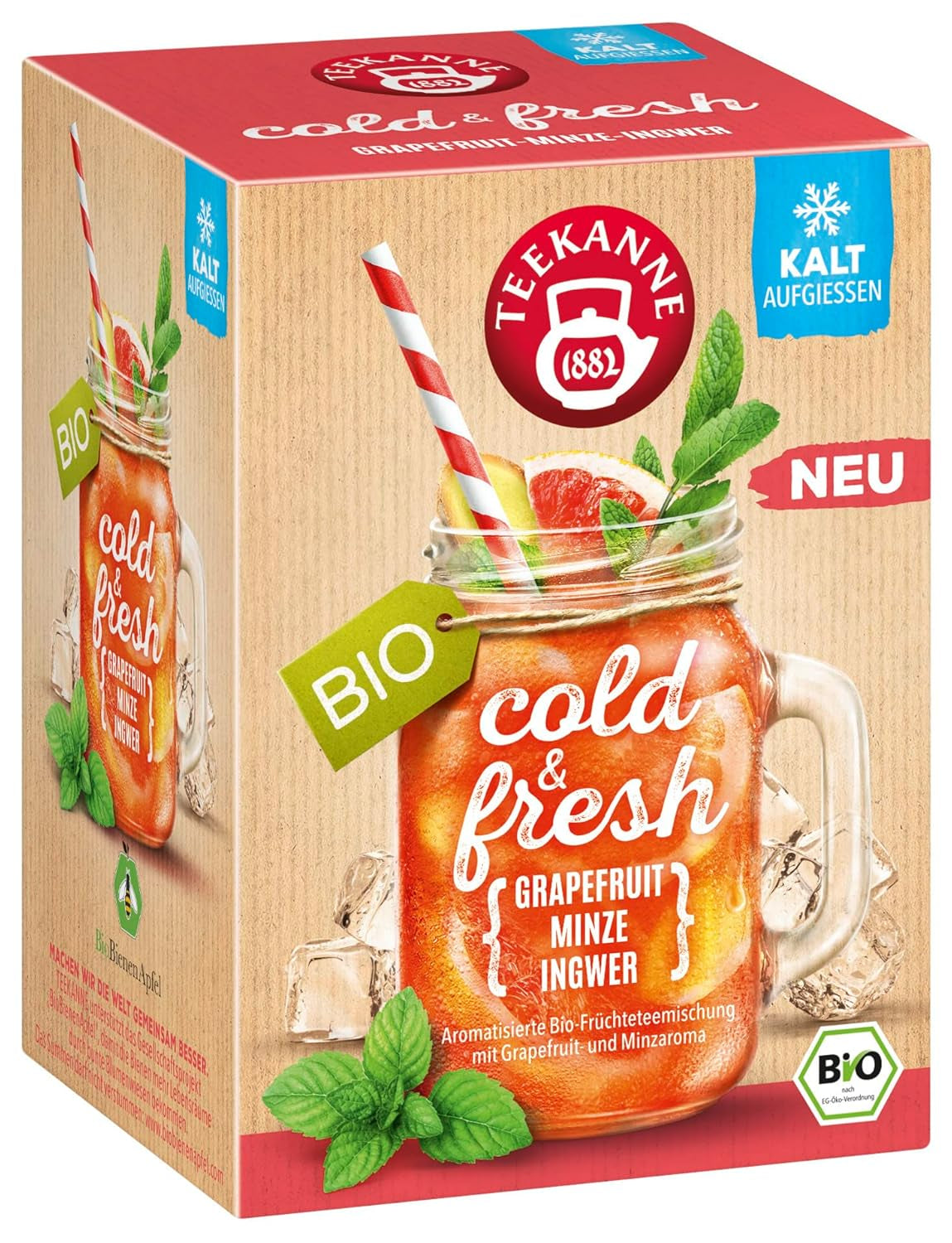 Teekanne Cold & Fresh BIO 4Er Mix - Med de nya varianterna citron-mint, persika-maracuja, apelsin-rosmarin, grapefrukt-mint-ingfära (4 X 45G)
