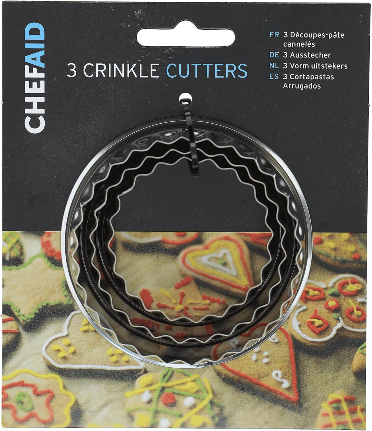 Chef Aid Biscuit Form Set med 3: Kex, scones, kakor, mini quiche och degkakor, idealiska för hembakning, tårtdekorering, fondant, räfflade cirklar i rostfritt stål.