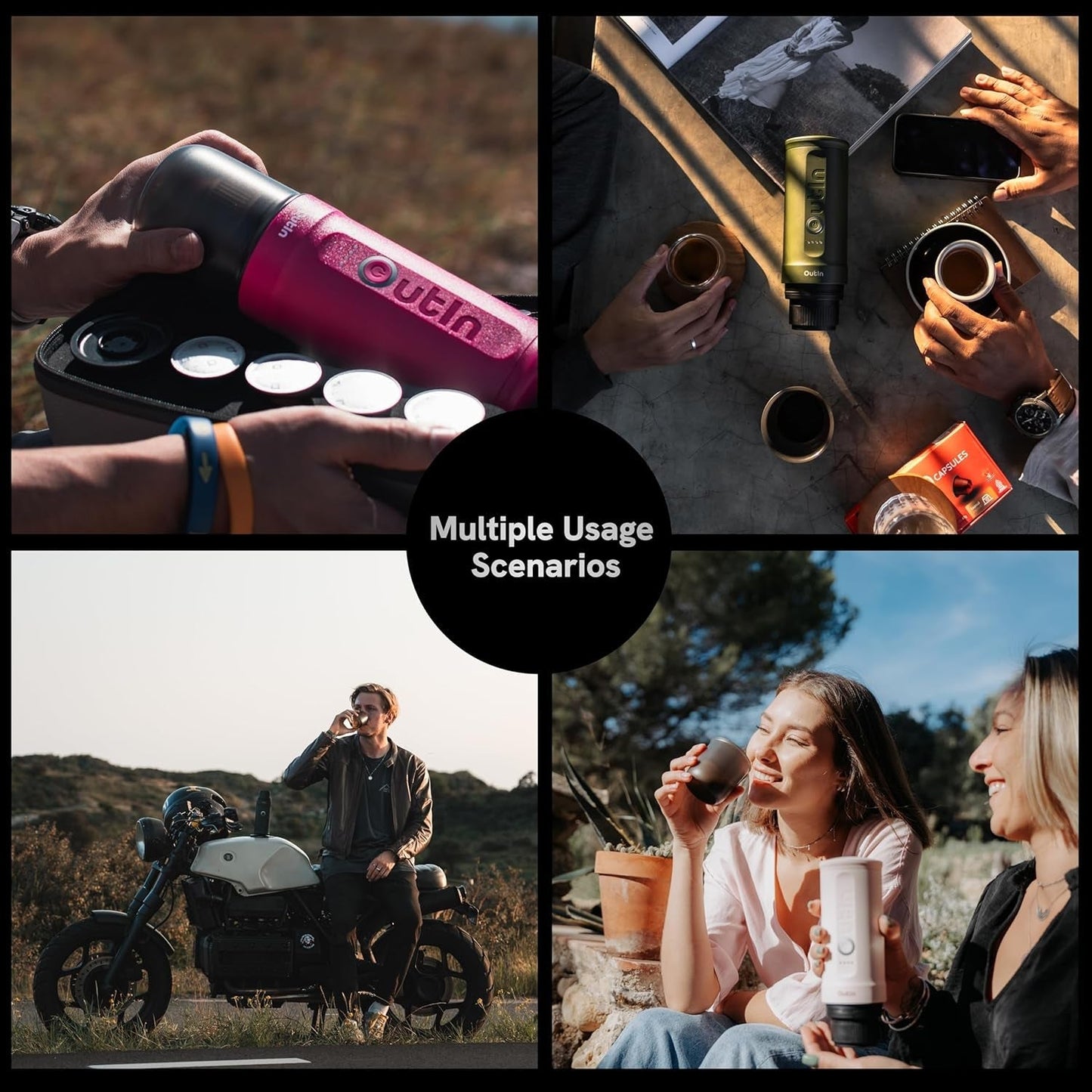 OutIn Nano bärbar elektrisk espressomaskin, campingkaffebryggare, USB-C självuppvärmande, kompatibel med malet kaffe och NS-kapslar