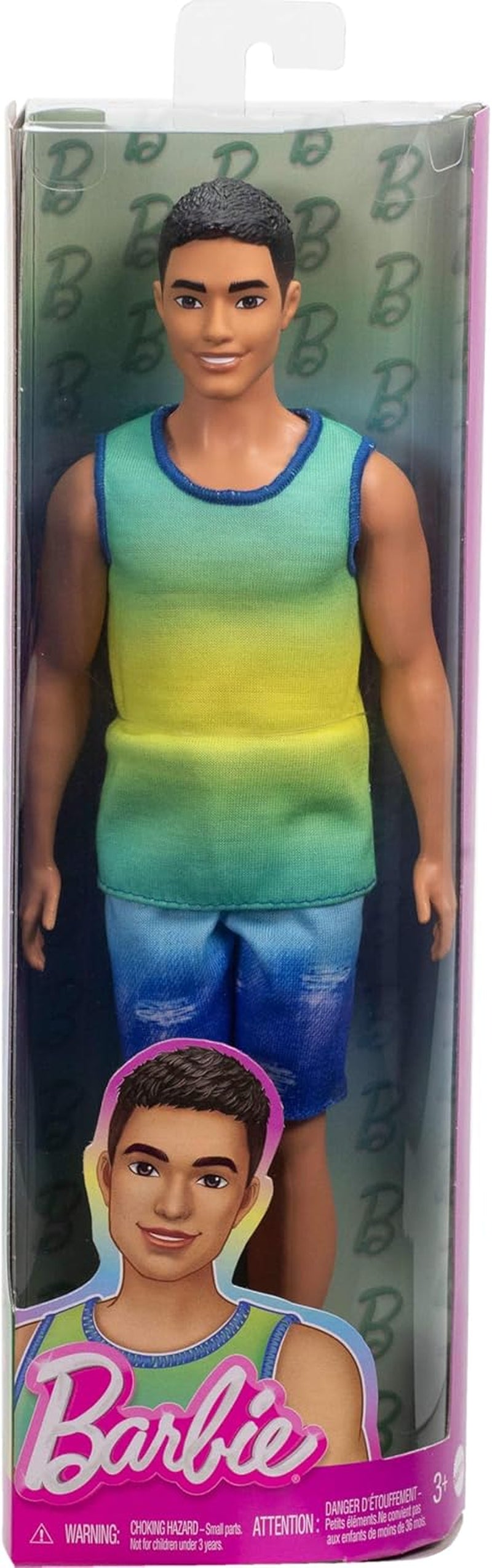 Ken Barbie Fashionistas docka nr. 236 med svart hår, teal ombré linne, jeansshorts och silver sneakers, HYV00