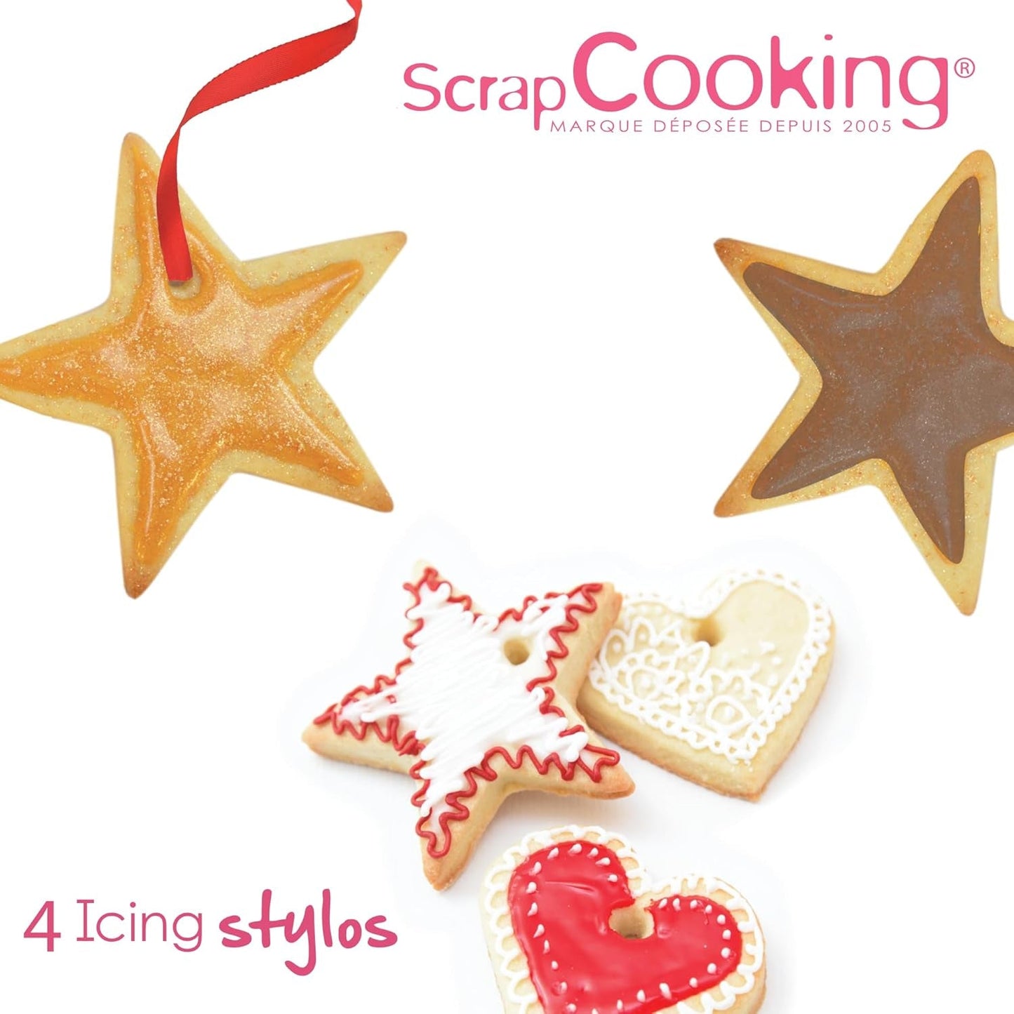Scrapcooking - 4-delade markörer: guld, choklad, vit och röd - dekorativa ätbara pennor för att skriva och rita på desserter, kakor och kex