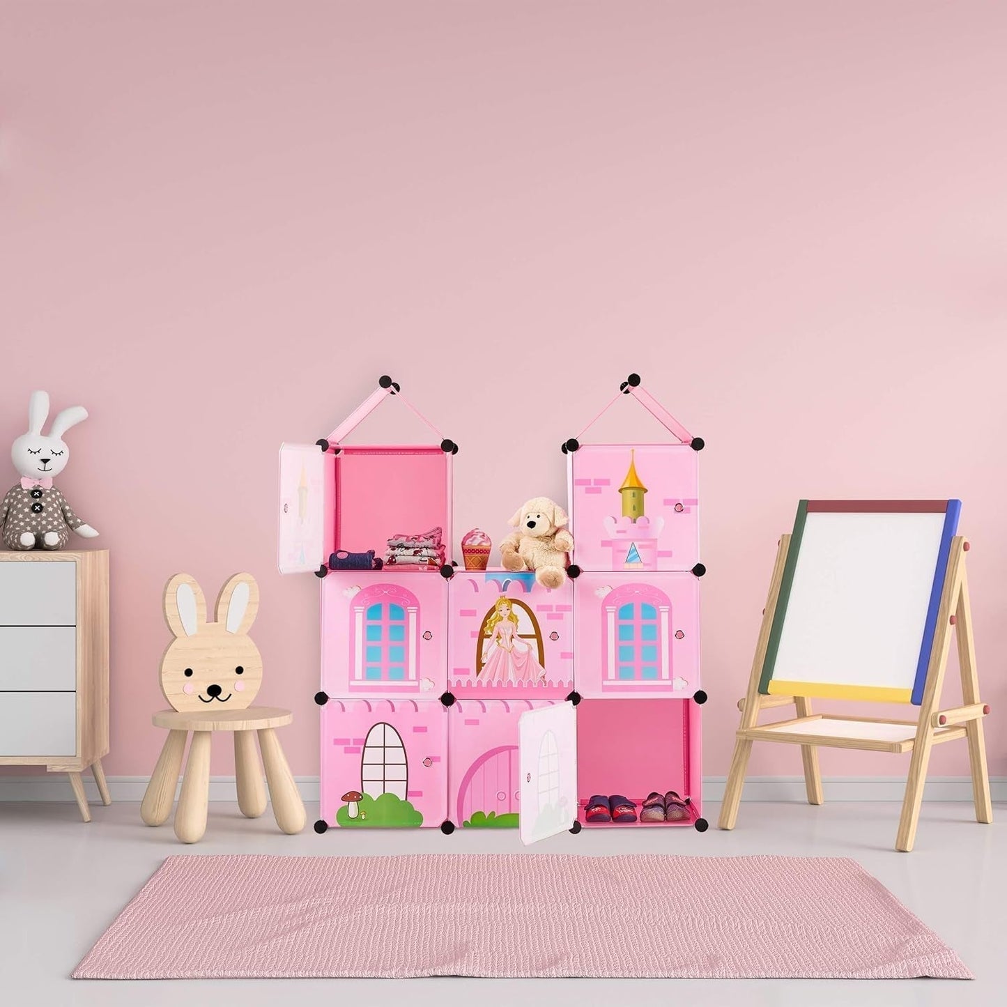 Relaxdays Barnrumshylla, prinsesslott, plast, gör-det-själv-skåp med dörrar, HBT: 128 X 110 X 37 Cm, rosa Naty Shop Dollhouses