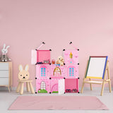 Relaxdays modulhylla för barnrum, prinsesslottsdesign, plast, DIY-skåp med dörrar, HL: 128 x 110 x 37 cm, rosa