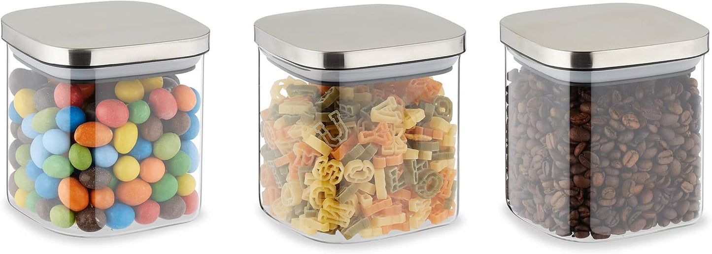 Relaxdays förvaringsburkar med lock Set med 3 600 ml fyrkantiga förvaringsburkar Lufttäta glasbehållare Klara/silver Matförvaringslådor Naty Shop Standardtitel