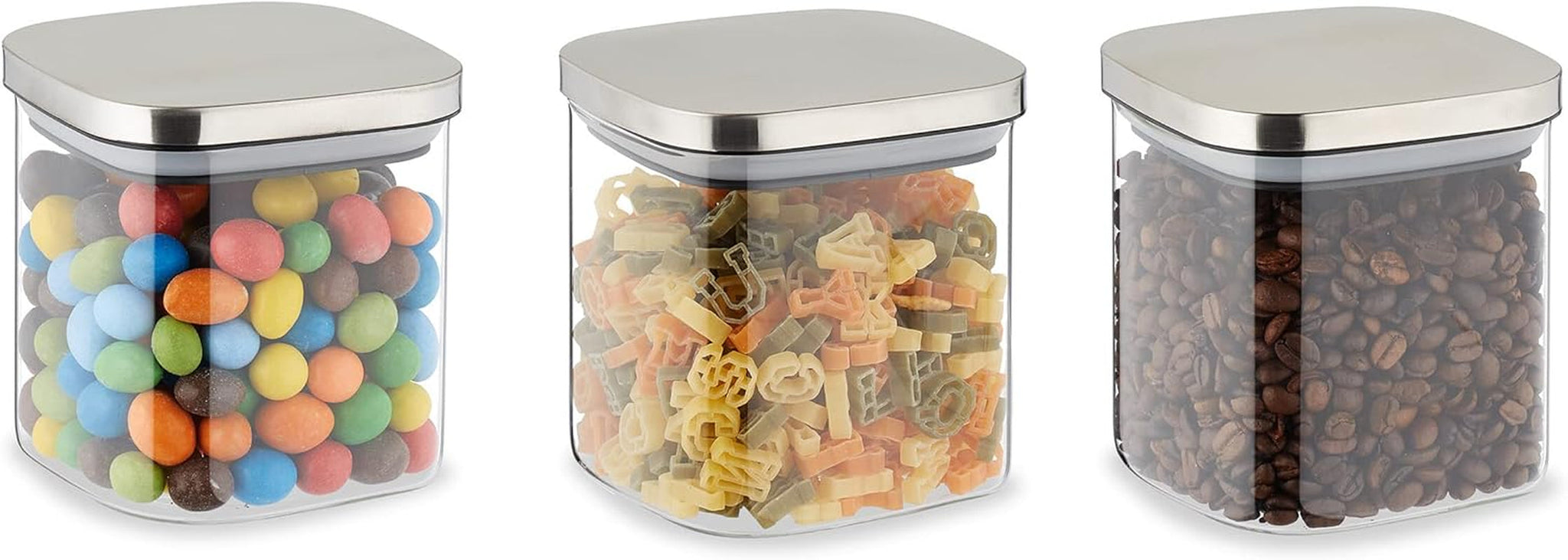 Relaxdays förvaringsburkar med lock Set med 3 600 ml fyrkantiga förvaringsburkar Lufttäta glasbehållare Klara/silver Matförvaringslådor Naty Shop Standardtitel